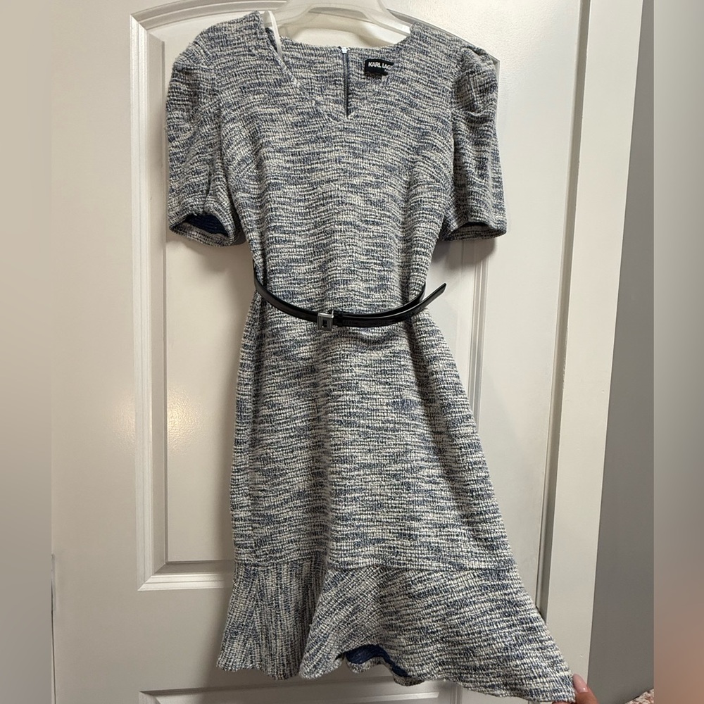 Karl Lagerfeld Blue and White Textured Midi Dress